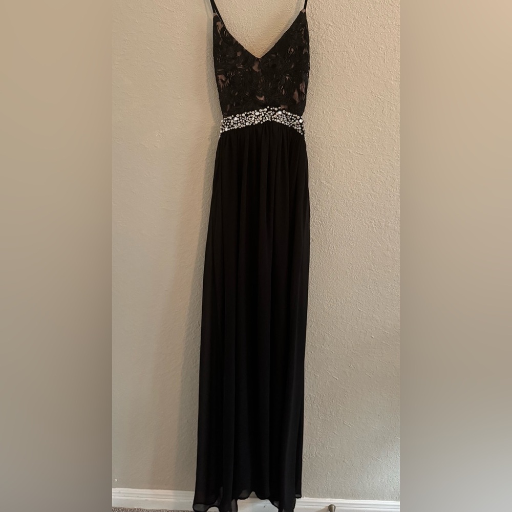 Elegant Black Evening Gown with rhinestone belt and open back size 4